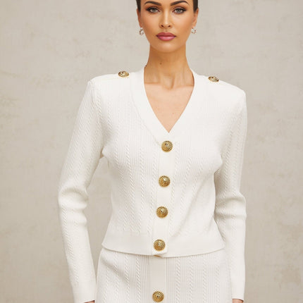 Priscilla White Rib Knit Epaulette Jacket Skirt Set