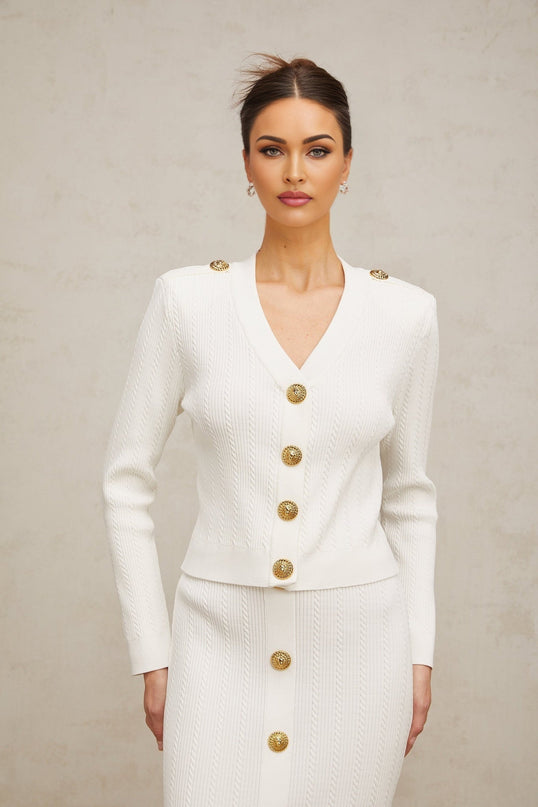 Priscilla White Rib Knit Epaulette Jacket Skirt Set