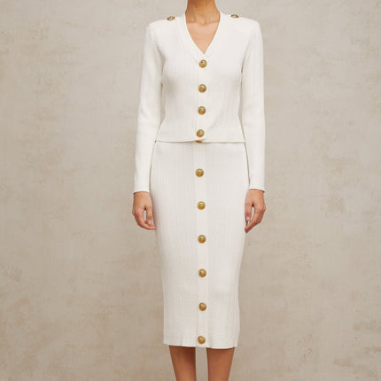 Priscilla White Rib Knit Epaulette Jacket Skirt Set