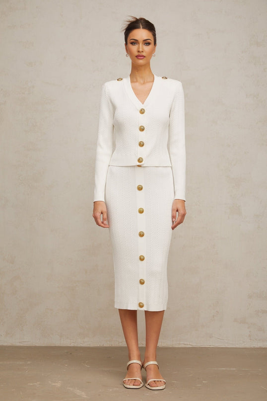 Priscilla White Rib Knit Epaulette Jacket Skirt Set