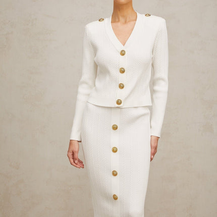 Priscilla White Rib Knit Epaulette Jacket Skirt Set
