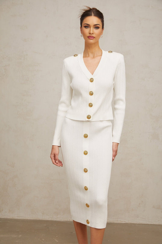 Priscilla White Rib Knit Epaulette Jacket Skirt Set