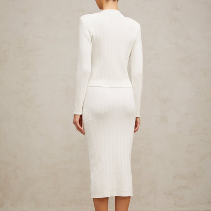 Priscilla White Rib Knit Epaulette Jacket Skirt Set