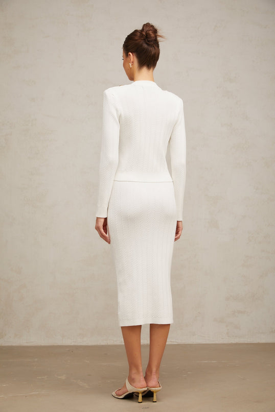 Priscilla White Rib Knit Epaulette Jacket Skirt Set