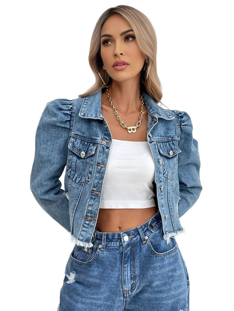 Privé Cropped Puff Sleeve ButtonFront Denim Jacket