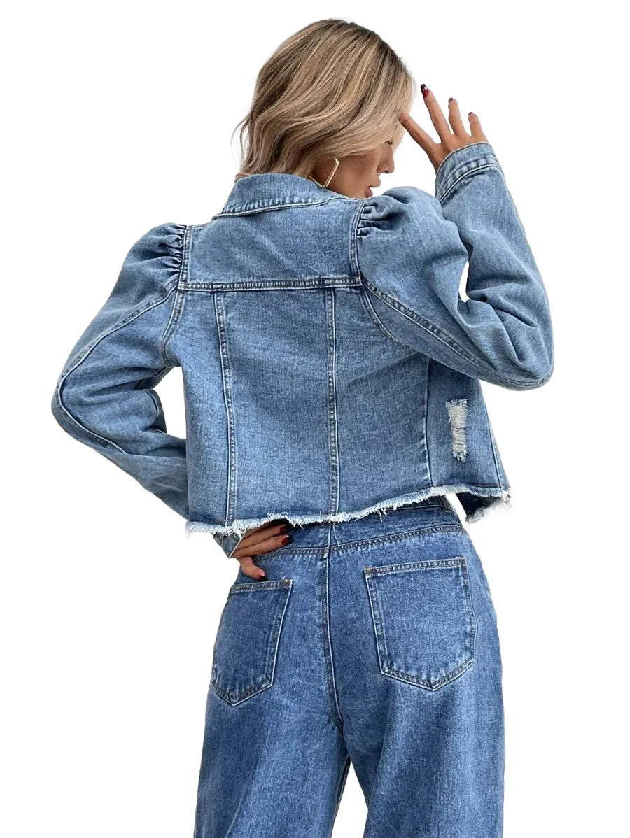Privé Cropped Puff Sleeve ButtonFront Denim Jacket