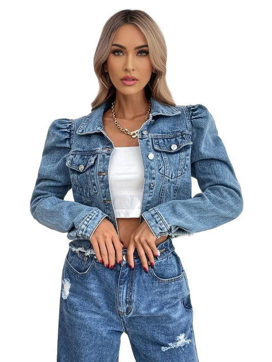 Privé Cropped Puff Sleeve ButtonFront Denim Jacket