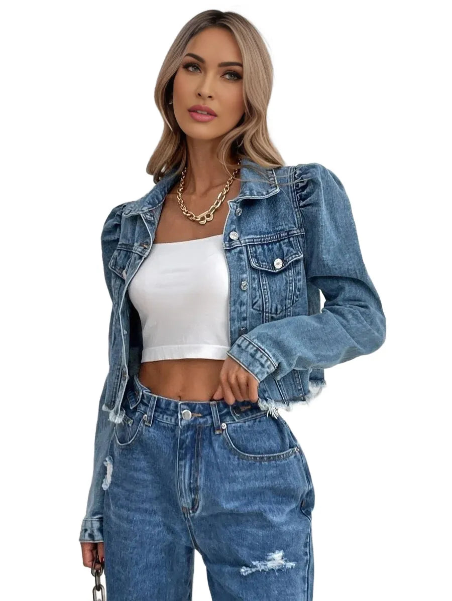 Privé Cropped Puff Sleeve ButtonFront Denim Jacket