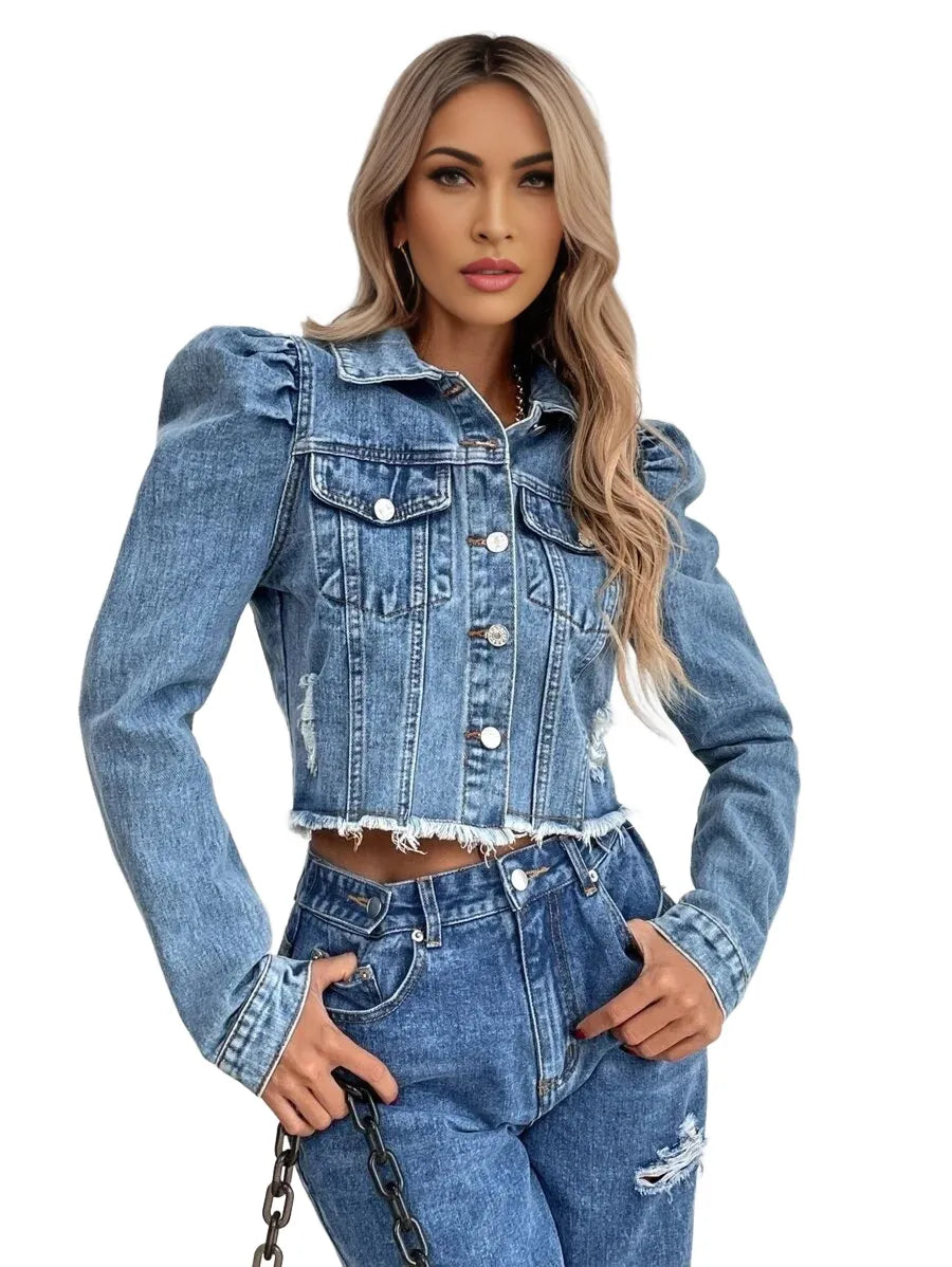 Privé Cropped Puff Sleeve ButtonFront Denim Jacket