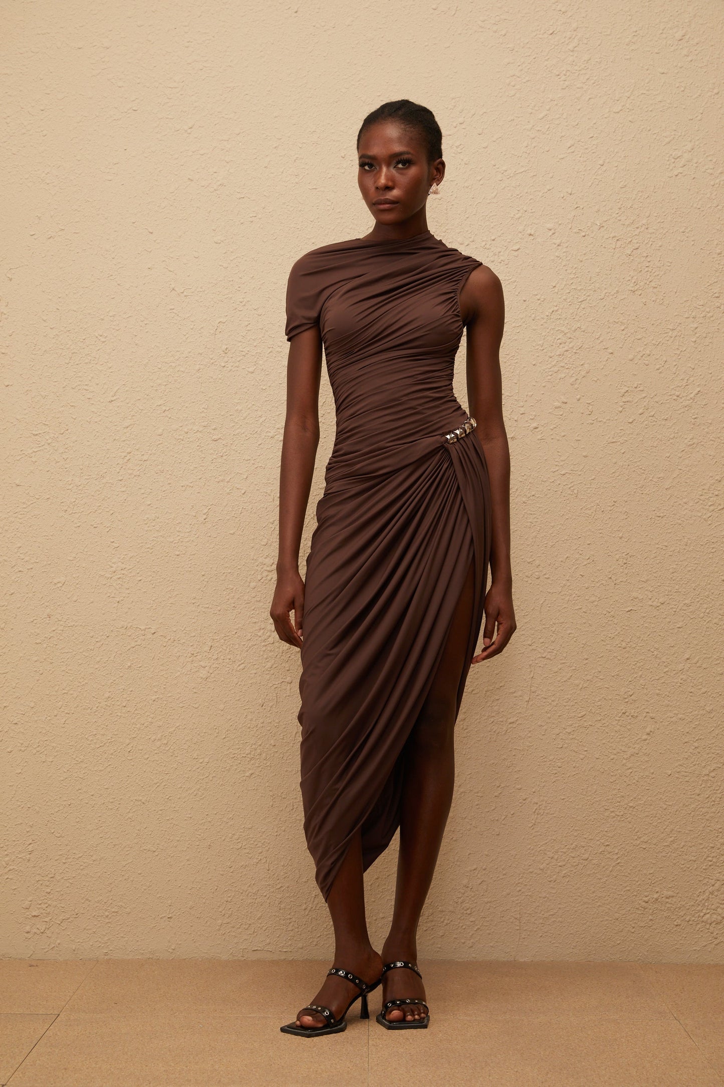 Prune Brown Night Out Asymmetrical Ruched Midi Dress