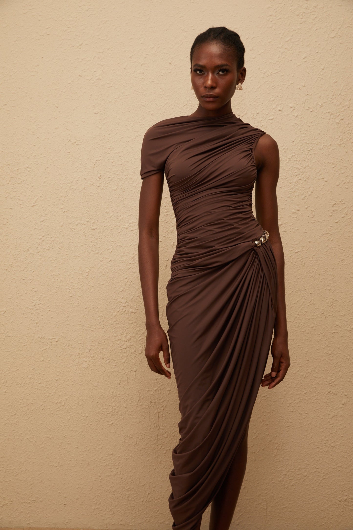 Prune Brown Night Out Asymmetrical Ruched Midi Dress