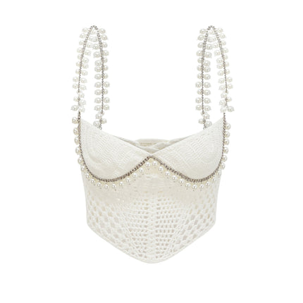 Prunelle Crochet Knit Two-Piece Top and Skirt Set in Neutrals