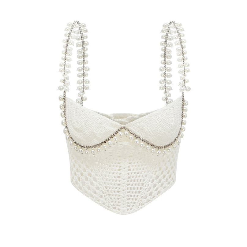 Prunelle Crochet Knit Two-Piece Top and Skirt Set in Neutrals