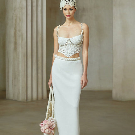 Prunelle Crochet Knit Two-Piece Top and Skirt Set in Neutrals