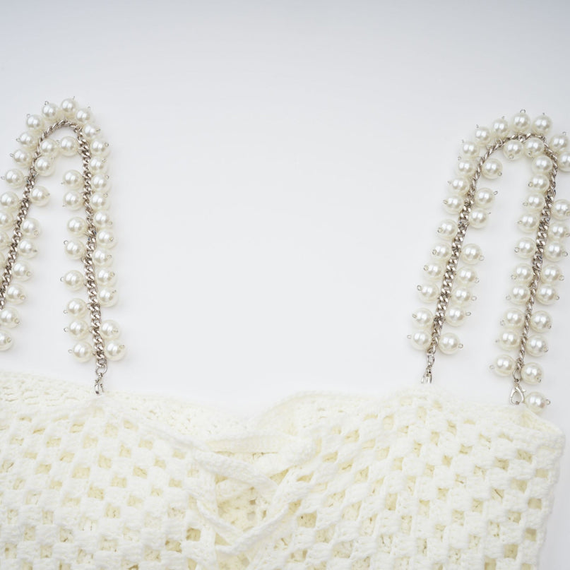 Prunelle Crochet Knit Two-Piece Top and Skirt Set in Neutrals