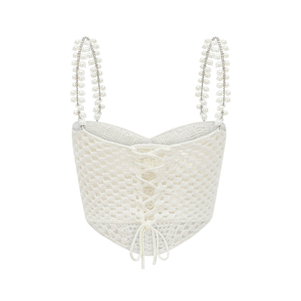 Prunelle Crochet Knit Two-Piece Top and Skirt Set in Neutrals