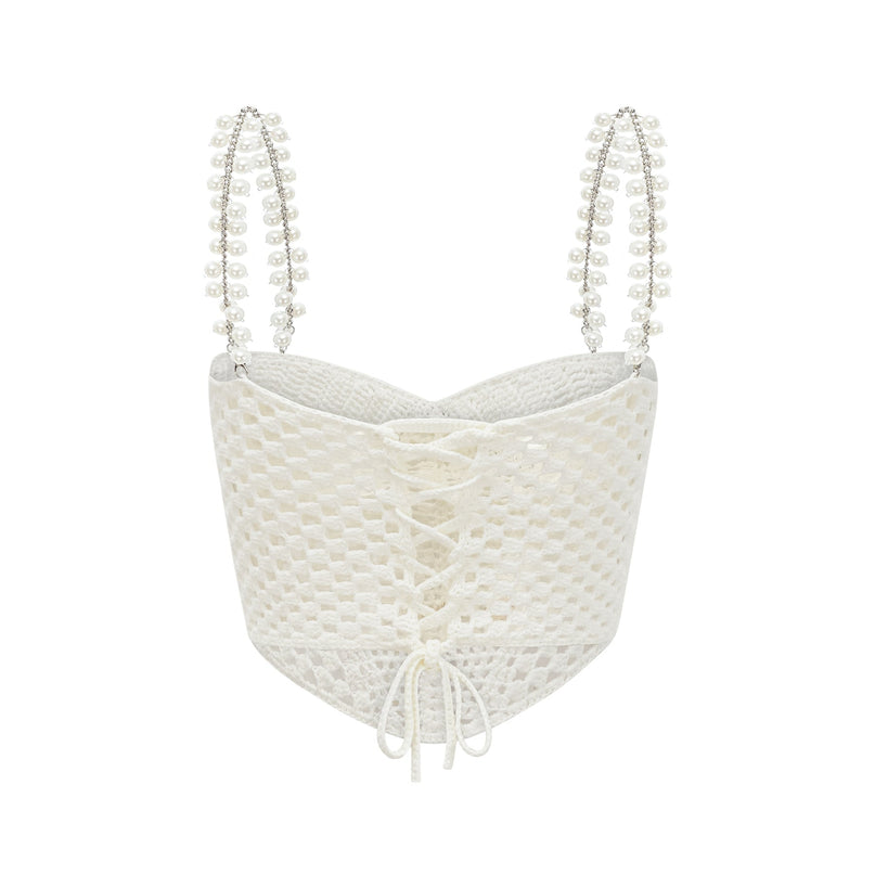 Prunelle Crochet Knit Two-Piece Top and Skirt Set in Neutrals