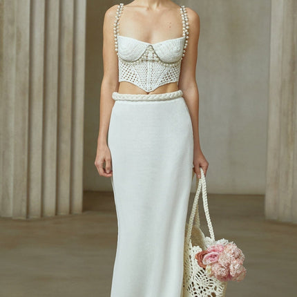Prunelle Crochet Knit Two-Piece Top and Skirt Set in Neutrals