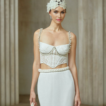Prunelle Crochet Knit Two-Piece Top and Skirt Set in Neutrals