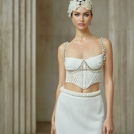 Prunelle Crochet Knit Two-Piece Top and Skirt Set in Neutrals
