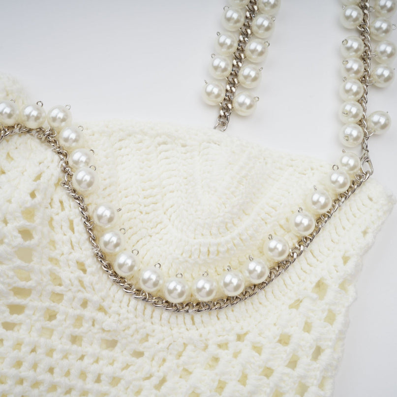 Prunelle Crochet Knit Two-Piece Top and Skirt Set in Neutrals