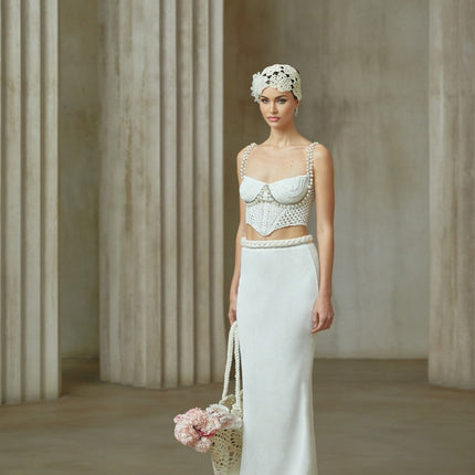 Prunelle Crochet Knit Two-Piece Top and Skirt Set in Neutrals