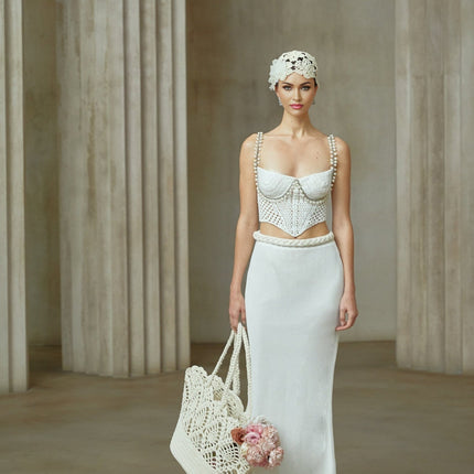 Prunelle Crochet Knit Two-Piece Top and Skirt Set in Neutrals