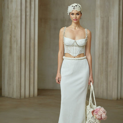Prunelle Crochet Knit Two-Piece Top and Skirt Set Neutrals