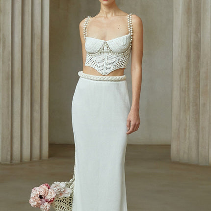 Women's Neutrals Crochet Knit Two-Piece Top and Skirt Set with Metal Straps and Faux-Pearl Embellishments