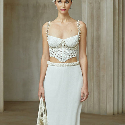 Prunelle Crochet Knit Two-Piece Top and Skirt Set in Neutrals