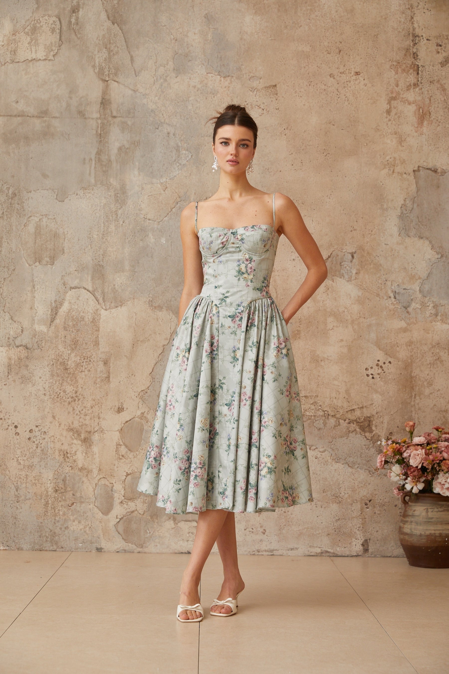Prunelle sagegreen floralprint shirred midi dress
