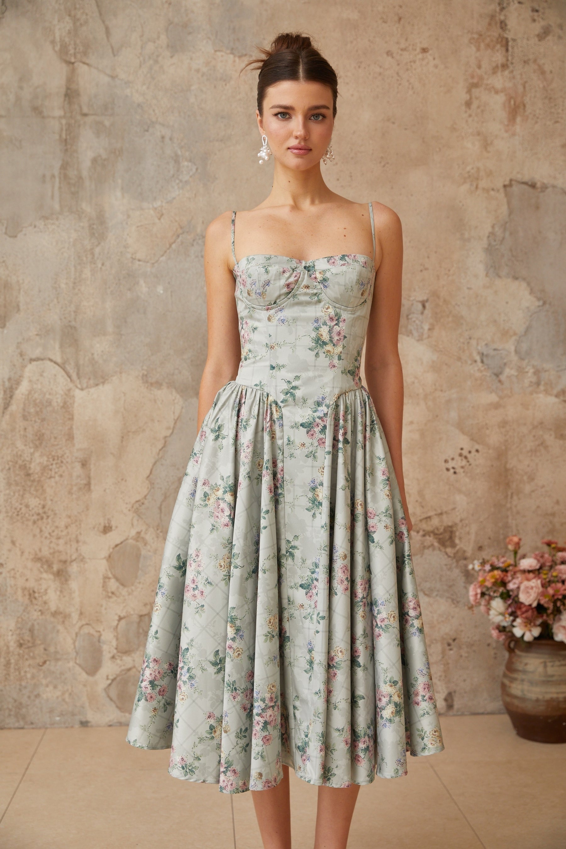 Prunelle sagegreen floralprint shirred midi dress