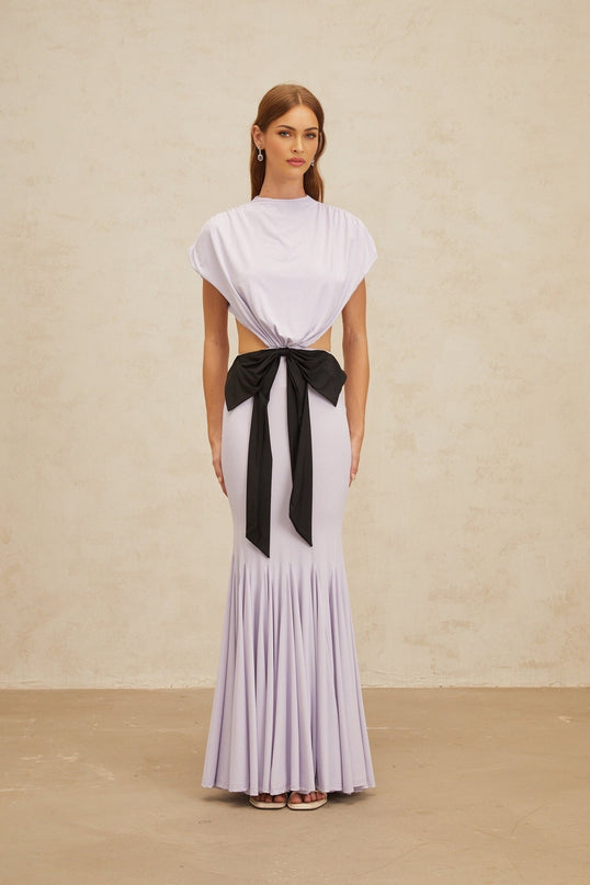 Purple and Black Cap Sleeve Cut-Out Maxi Dress with Oversize Bowknot and Pleated Detailing