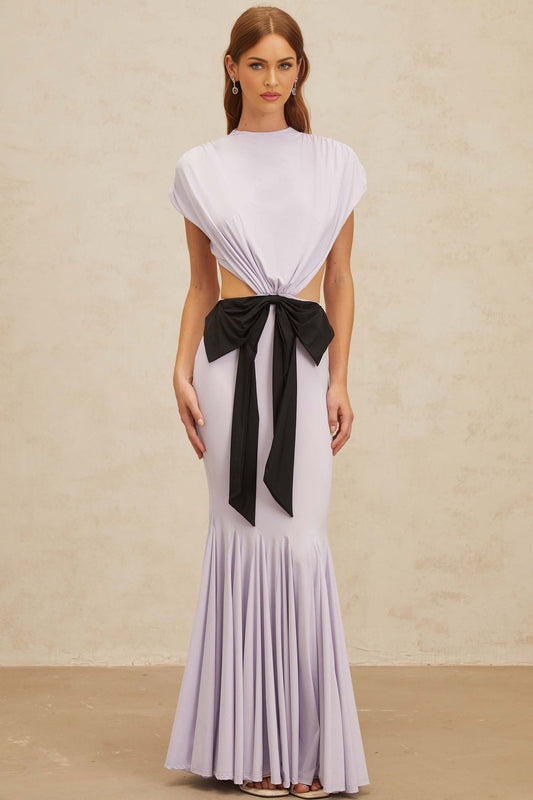 Purple and Black Cap Sleeve Cut-Out Maxi Dress with Oversize Bowknot and Pleated Detailing
