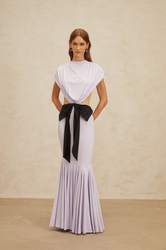 Purple and Black Cap Sleeve Maxi Dress with Cut-out Design and Oversize Bowknot