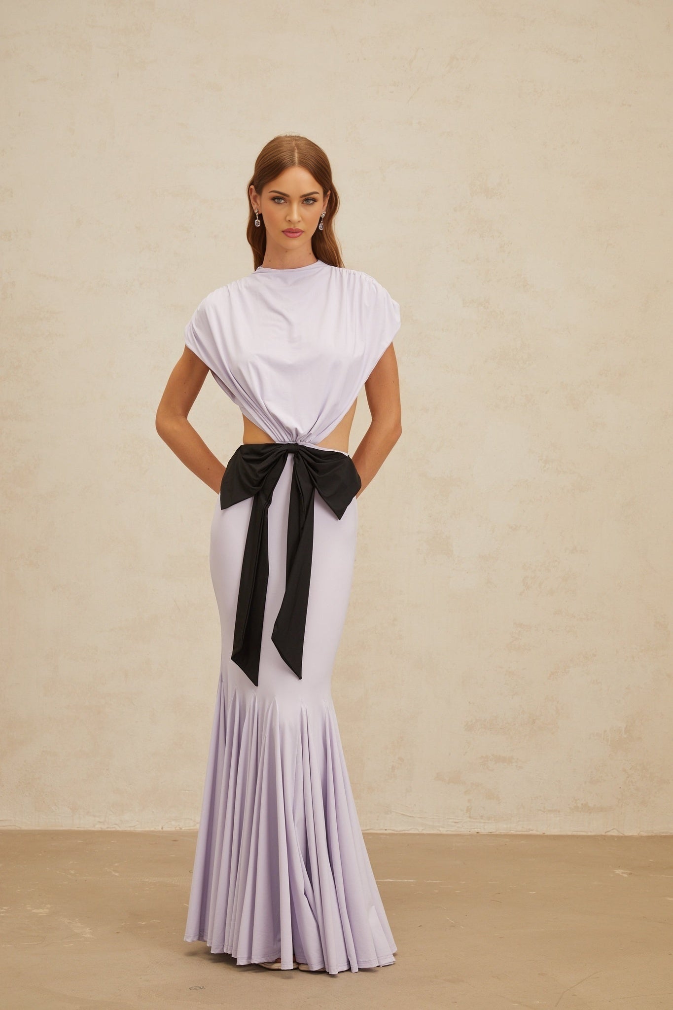 Purple and Black Cut-Out Design Maxi Dress with Oversize Bowknot and Mermaid Hem