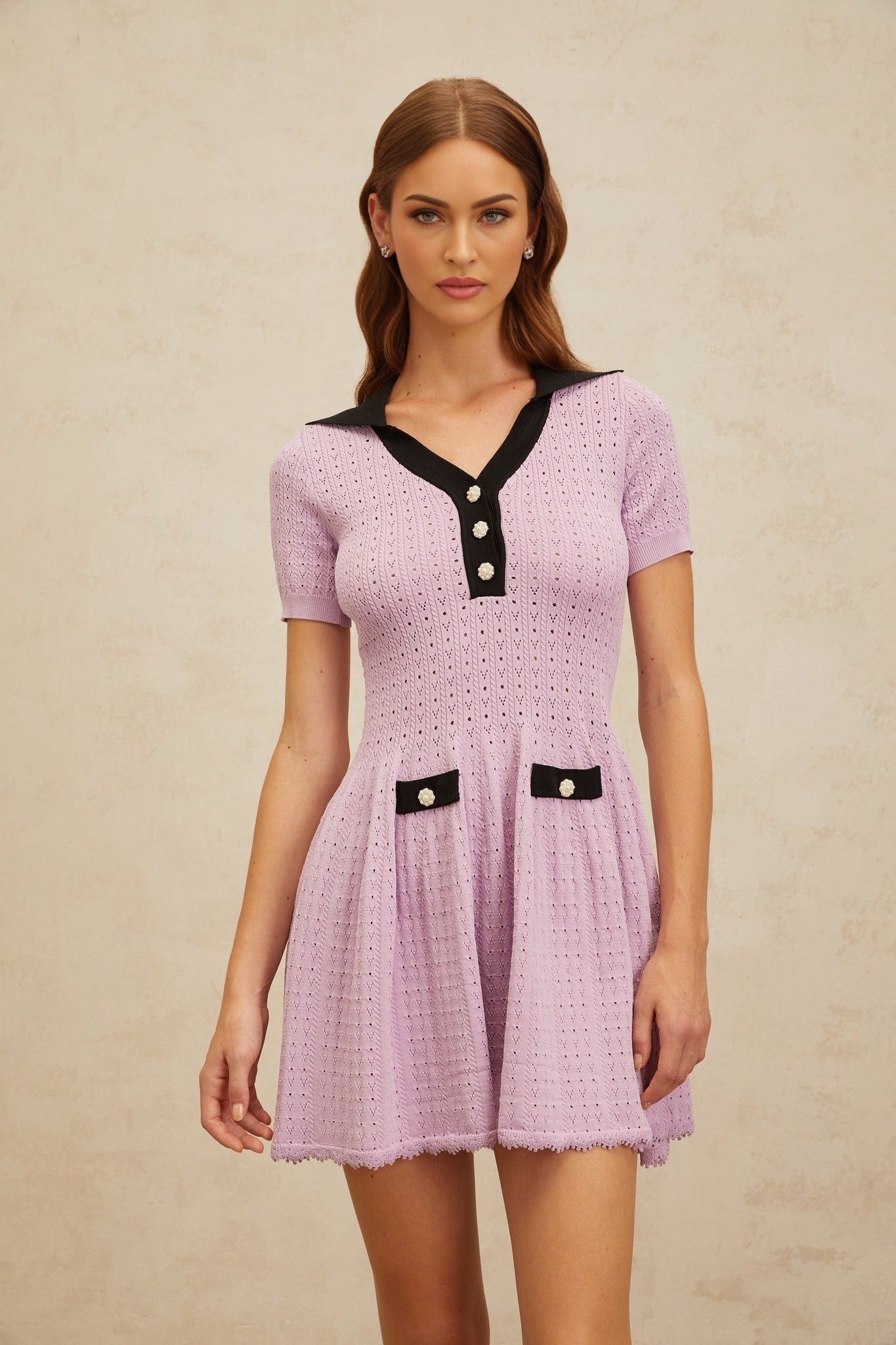 Purple and Black Short Sleeve A-Line Dress with Decorative Buttons and Shirred Panel