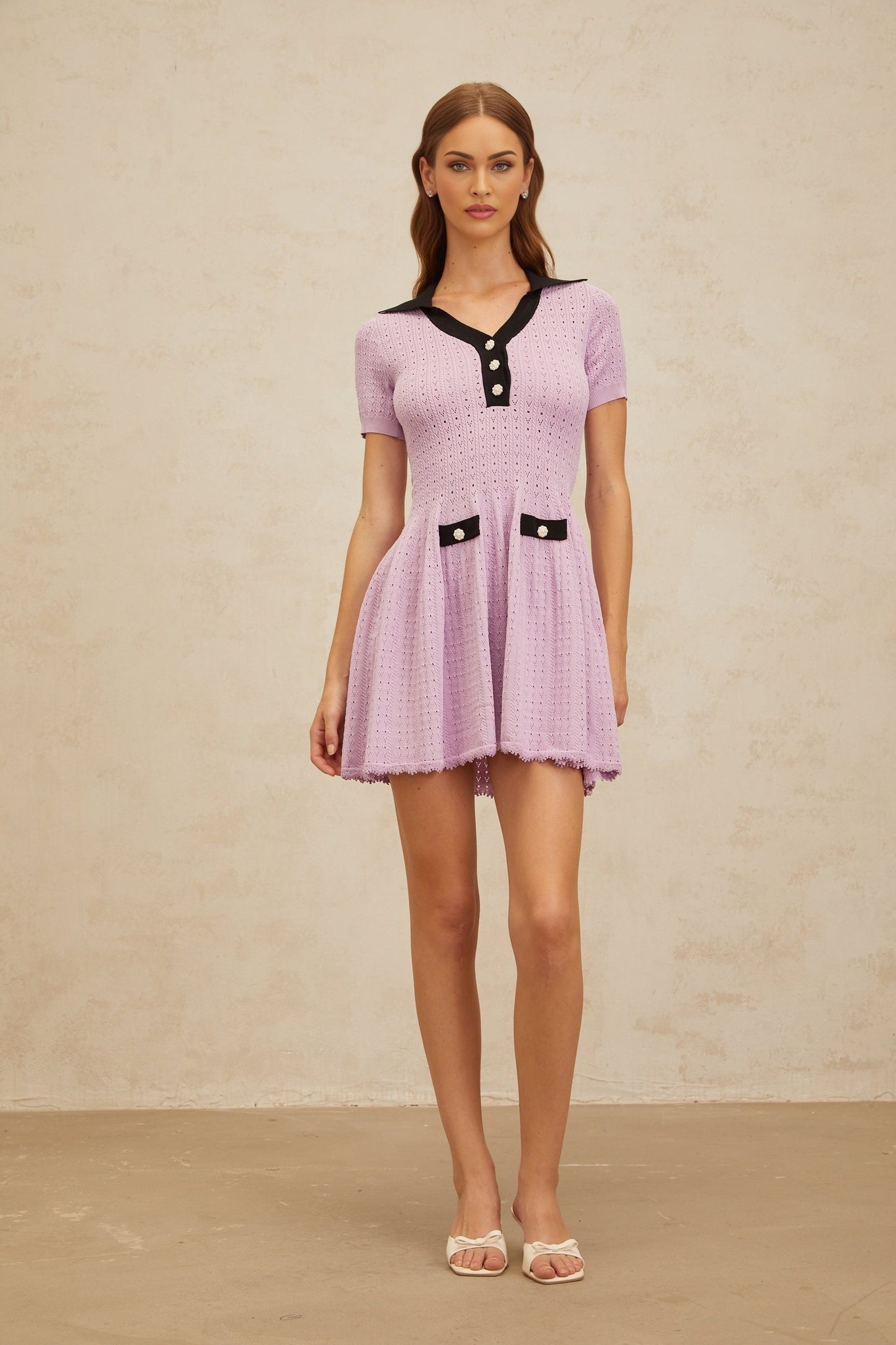 Purple and Black Short Sleeve A-Line Dress with Decorative Buttons and Faux Pocket Detailing