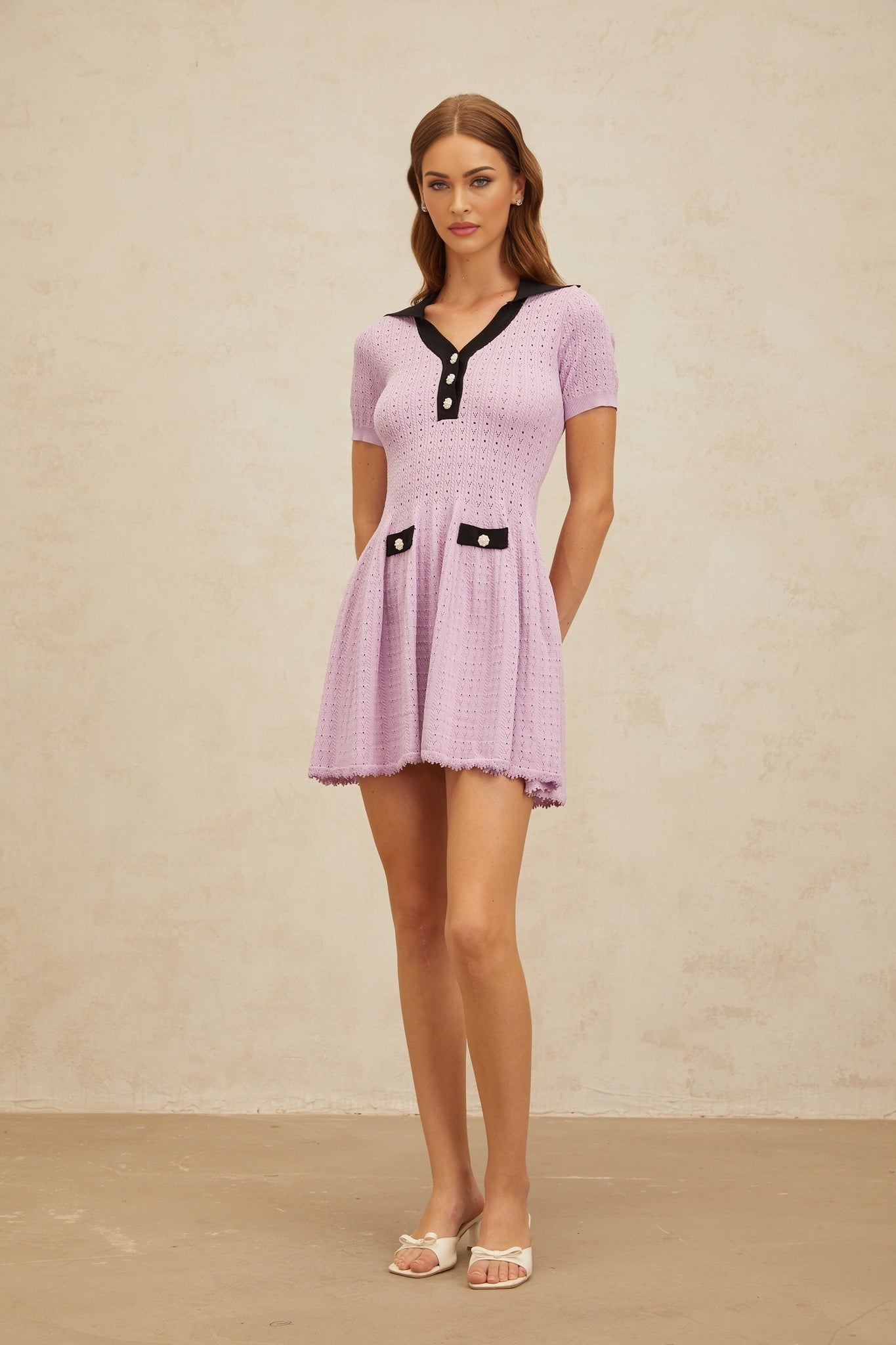 Purple and Black Short Sleeve A-Line Knit Dress with Decorative Buttons