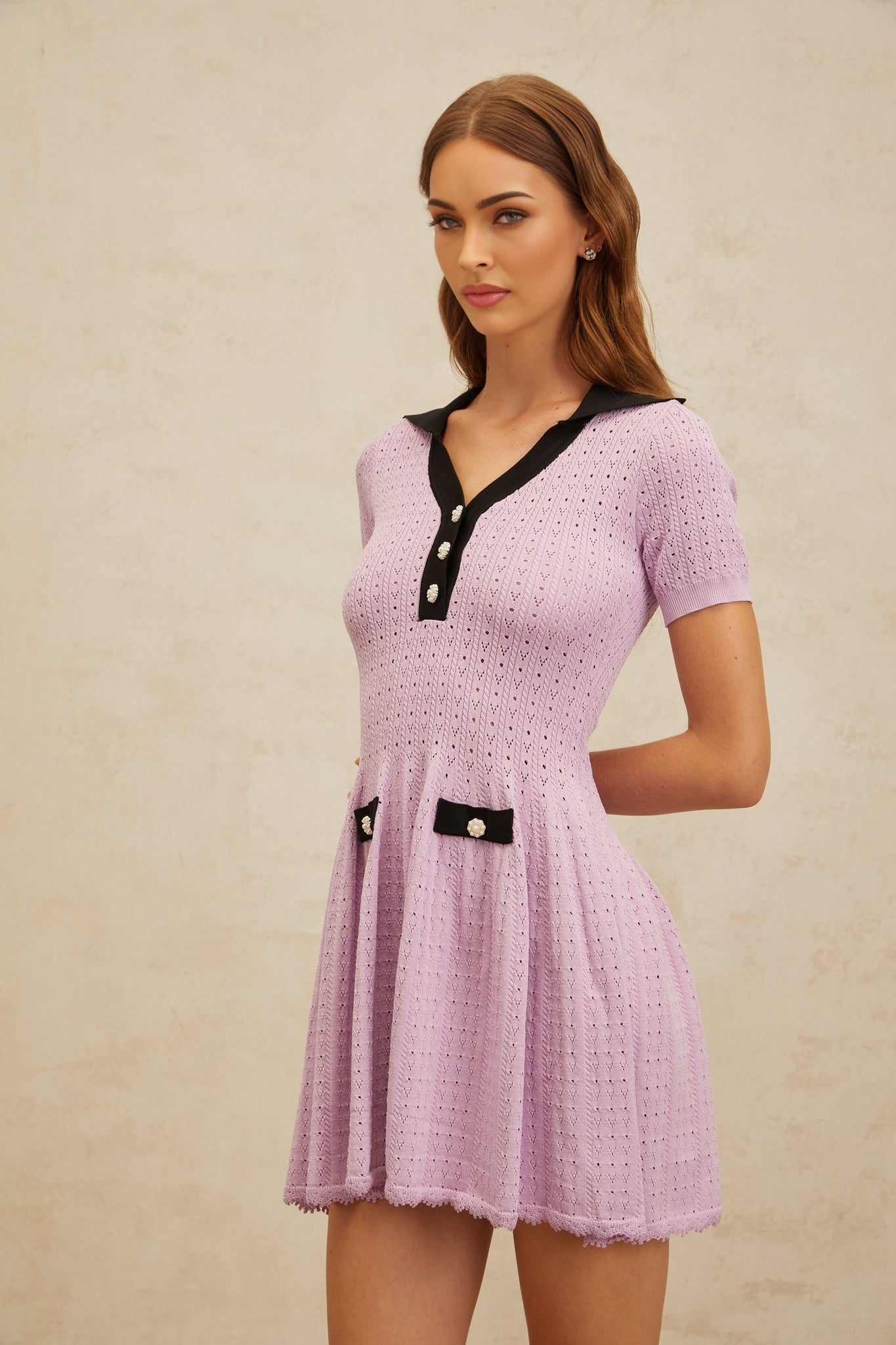 Purple and Black Short Sleeve A-Line Knit Dress with Decorative Buttons