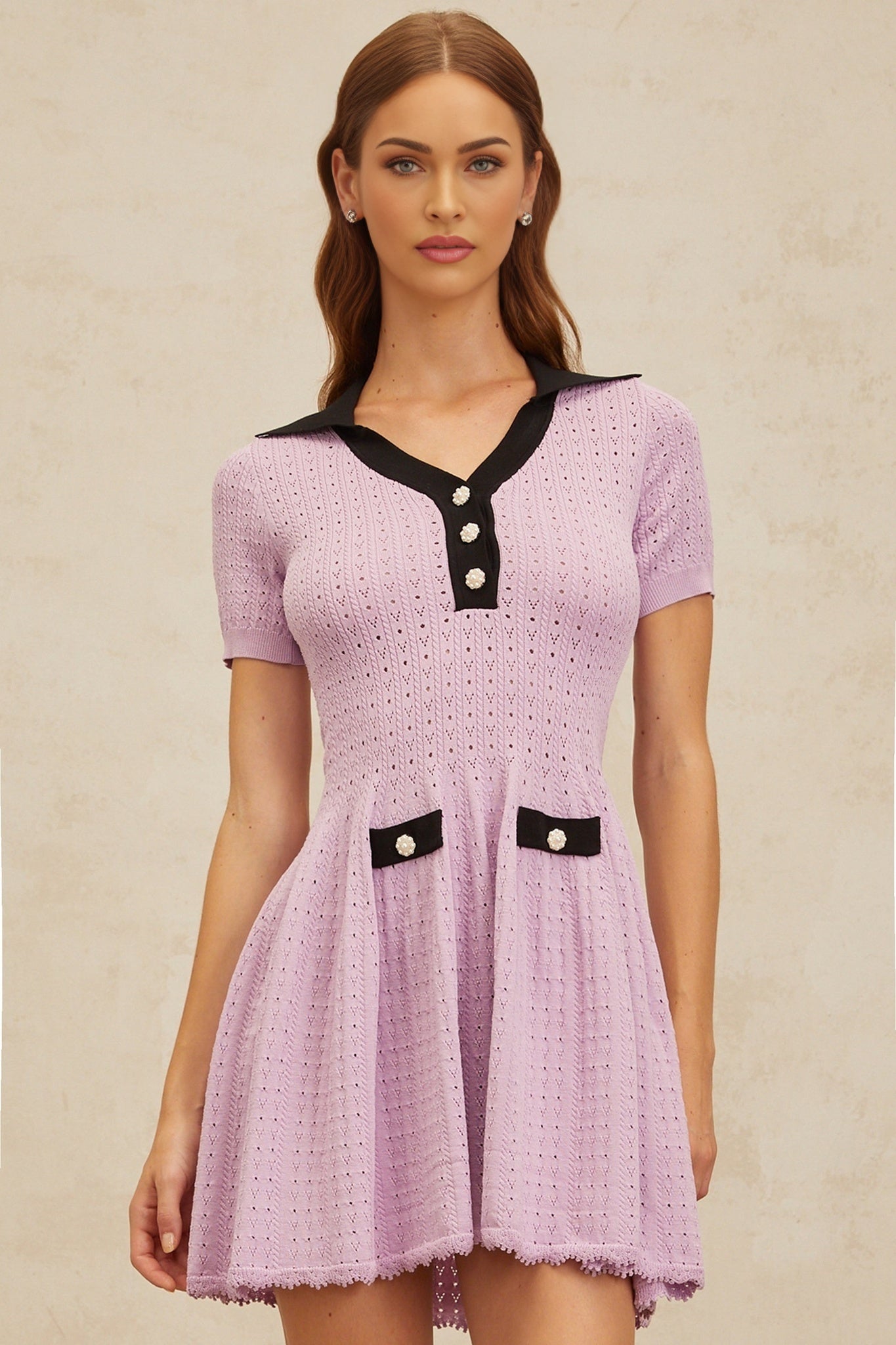 Purple and Black Short Sleeved A-Line Dress with Notched Lapels and Decorative Buttons