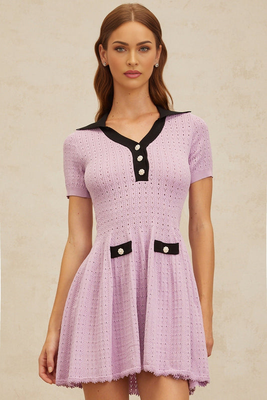 Purple and Black Short Sleeved A-Line Dress with Notched Lapels and Decorative Buttons