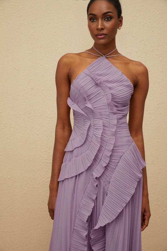 Purple Halterneck Sleeveless Midi Dress with Ruffled Trim