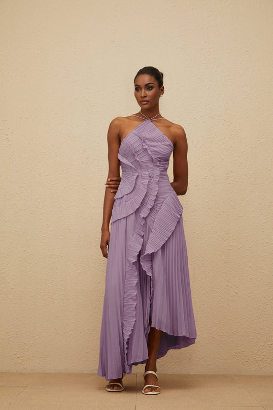 Purple Halterneck Sleeveless Midi Dress with Ruffled Trim