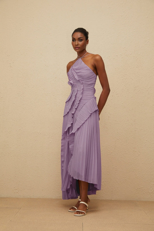 Purple Halterneck Sleeveless Pleated Midi Dress with Ruffled Trim