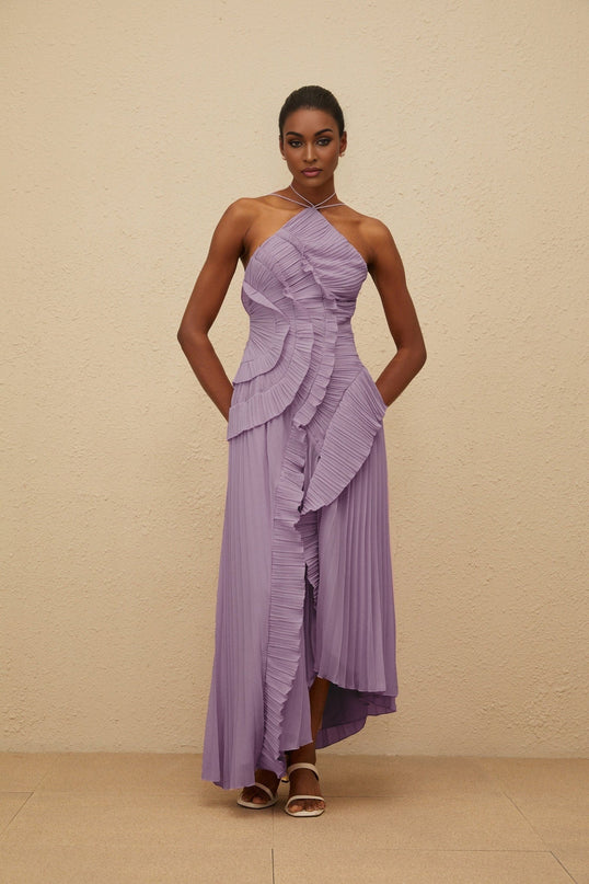 Purple Halterneck Sleeveless Pleated Ruffled Trim Asymmetrical Midi Dress