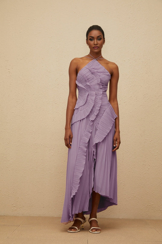 Purple Halterneck Sleeveless Pleated Ruffled Trim Midi Dress