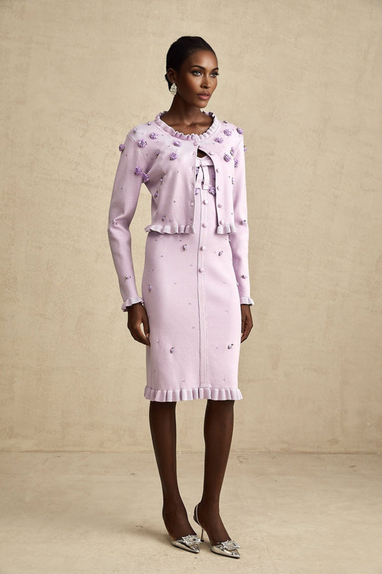 Purple knitted cardigan and dress set with faux flower details Estelle matching outfit