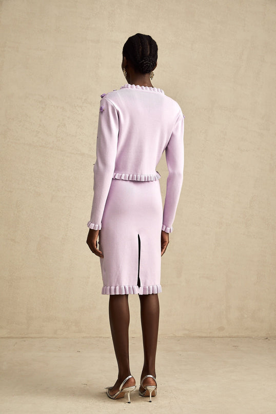 Purple knitted cardigan and dress set with faux flower details matching outfit for women