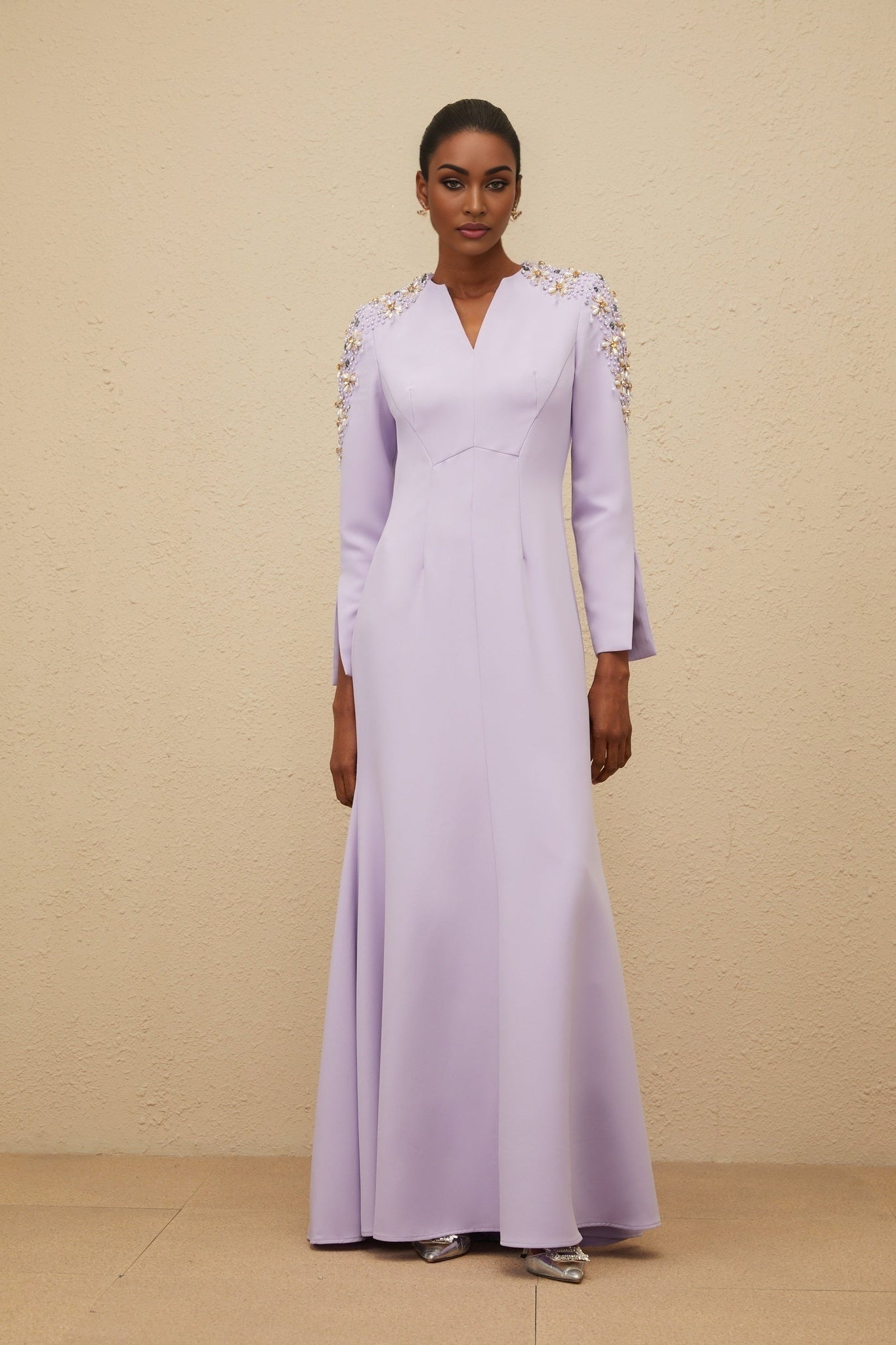 Purple long sleeve V-neck dress with faux pearl and crystal embellishment